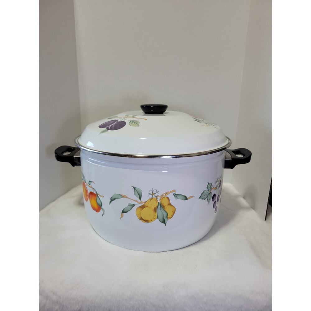 VINTAGE XL TABLETOPS UNLIMITED Stock Pot Porcelain Enamelware Fruit Theme - Picture 3 of 11